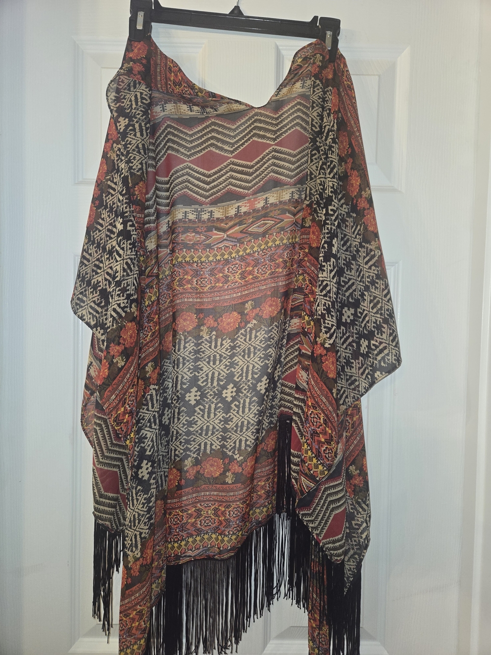 Boho Fringe Kimono Duster in Black and Rust